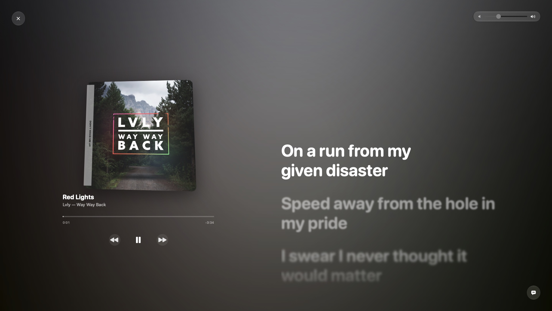 Now's full-screen player: album artwork tilted toward the pointer beside synced lyrics, with the current line bright and the rest dimmed.