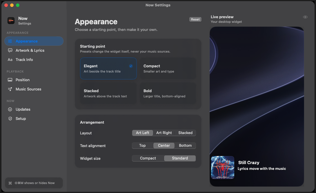 Now's Appearance settings showing preset tiles, arrangement controls, and a live preview of the desktop widget.