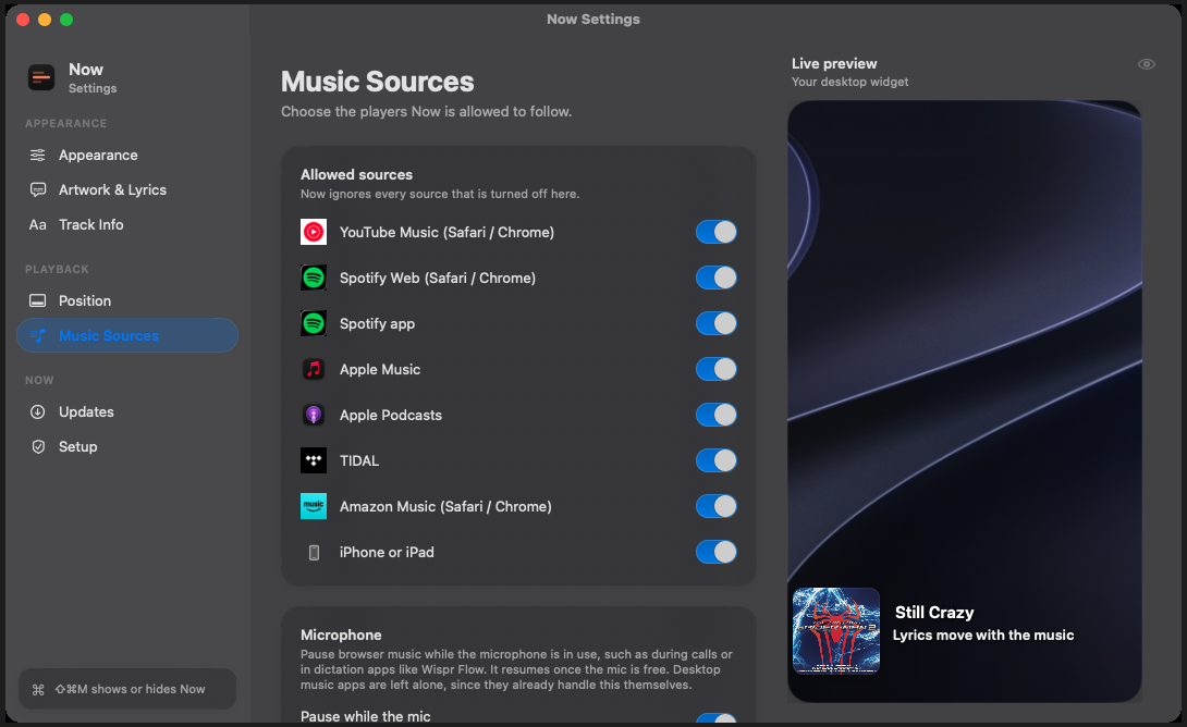 Now's Music Sources settings, listing YouTube Music, Spotify Web, the Spotify app, Apple Music, Apple Podcasts, TIDAL, Amazon Music and iPhone or iPad, each with a toggle.